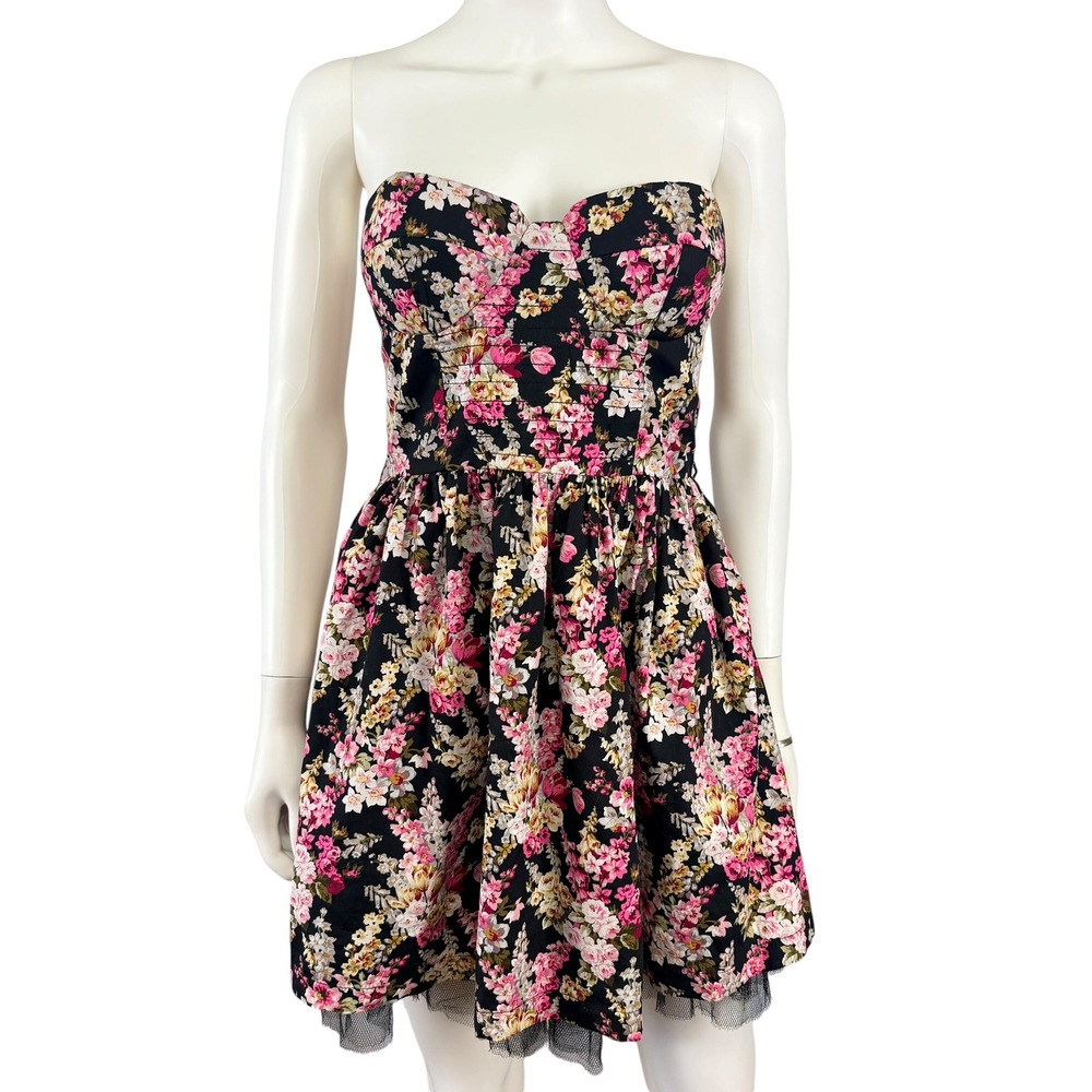 Sans Souci Strapless Floral Mini Dress Fit Flare Tulle Hem Coquette Party M